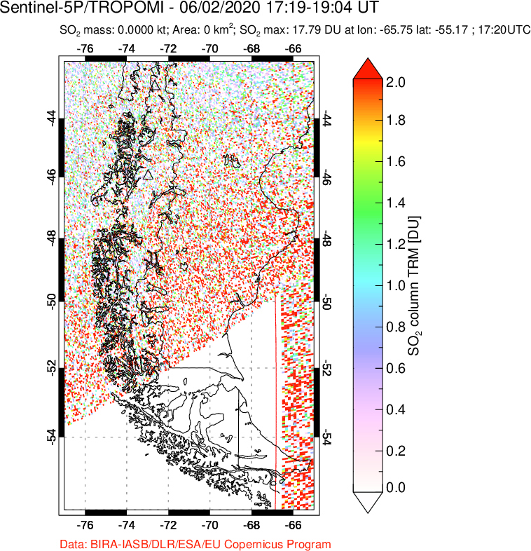 A sulfur dioxide image over Southern Chile on Jun 02, 2020.