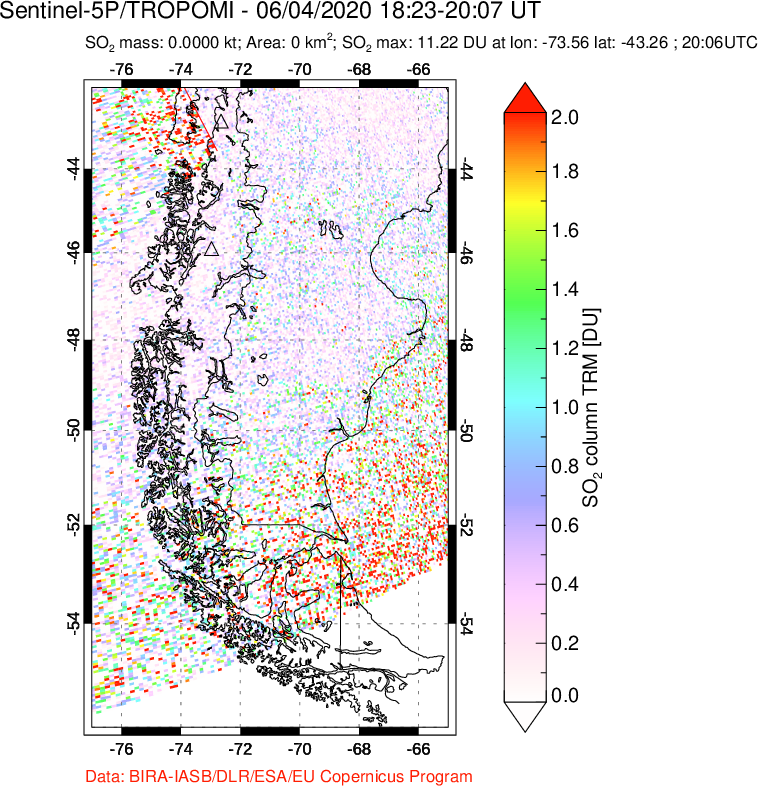 A sulfur dioxide image over Southern Chile on Jun 04, 2020.