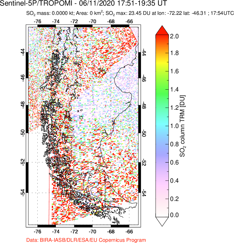 A sulfur dioxide image over Southern Chile on Jun 11, 2020.