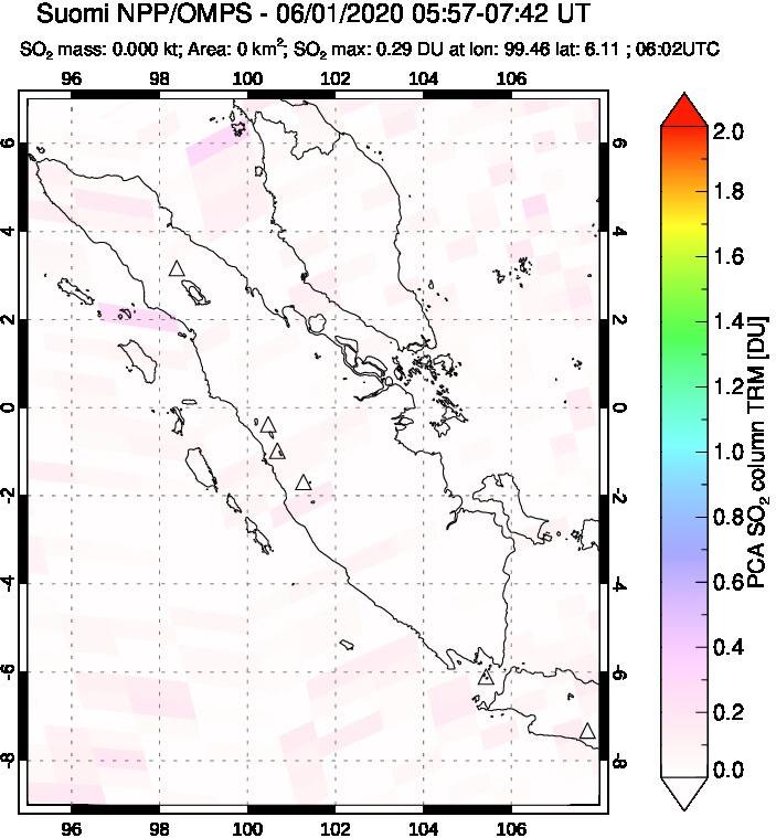 A sulfur dioxide image over Sumatra, Indonesia on Jun 01, 2020.