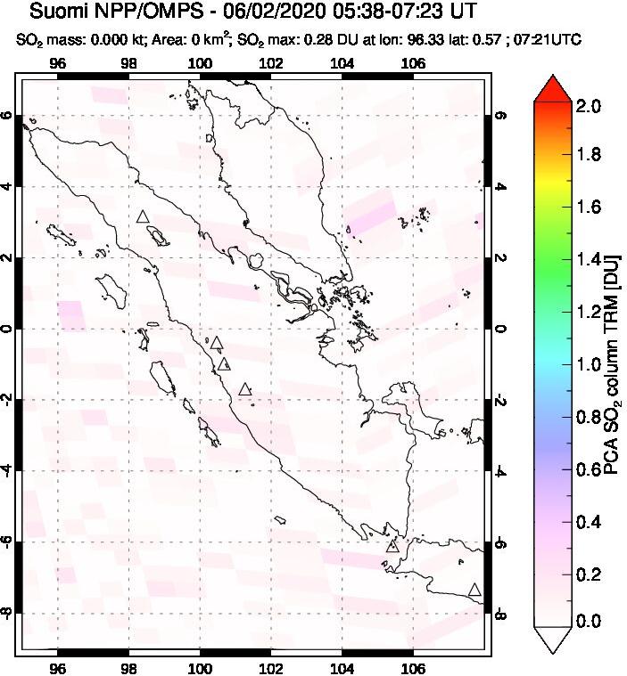 A sulfur dioxide image over Sumatra, Indonesia on Jun 02, 2020.
