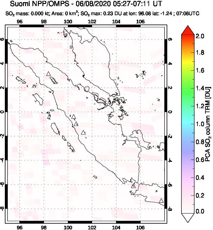 A sulfur dioxide image over Sumatra, Indonesia on Jun 08, 2020.