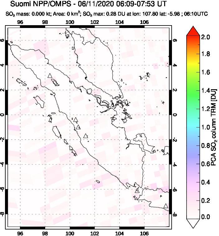 A sulfur dioxide image over Sumatra, Indonesia on Jun 11, 2020.