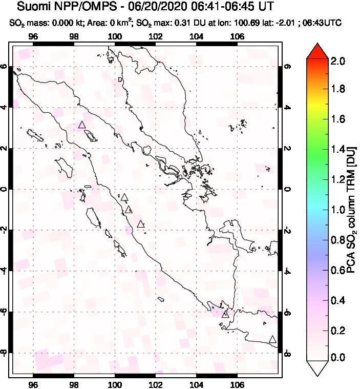 A sulfur dioxide image over Sumatra, Indonesia on Jun 20, 2020.