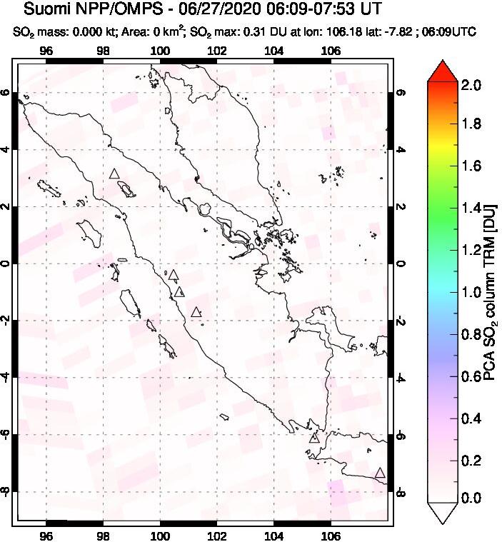 A sulfur dioxide image over Sumatra, Indonesia on Jun 27, 2020.