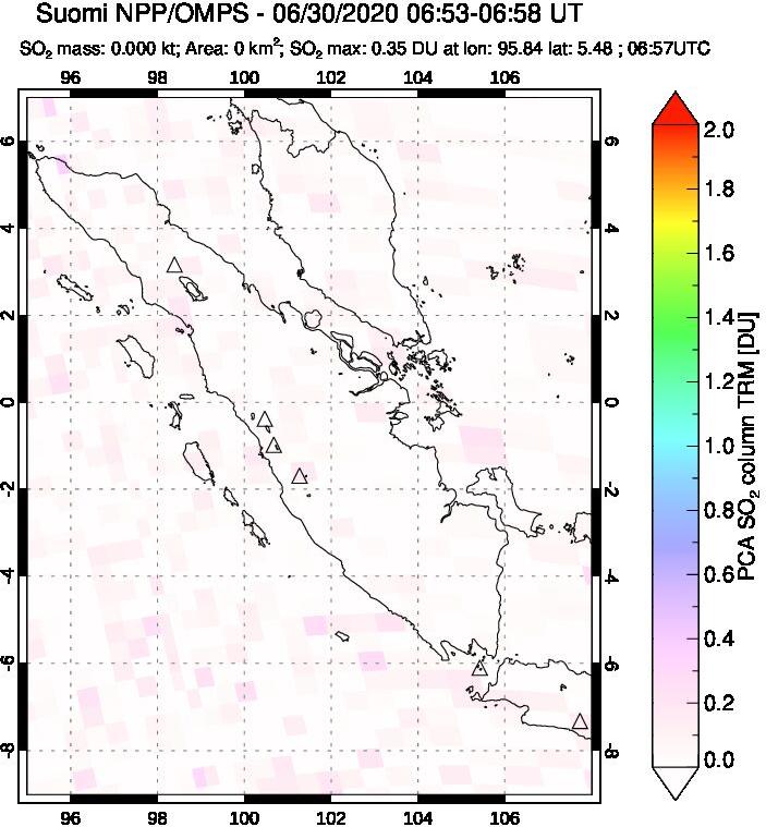 A sulfur dioxide image over Sumatra, Indonesia on Jun 30, 2020.