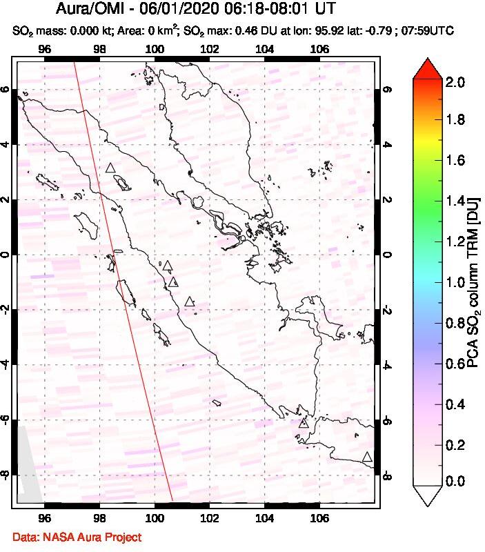 A sulfur dioxide image over Sumatra, Indonesia on Jun 01, 2020.