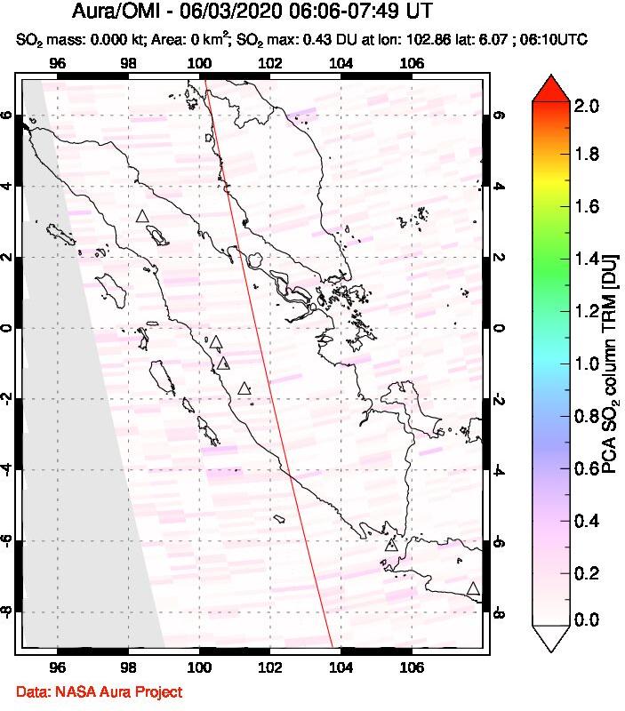A sulfur dioxide image over Sumatra, Indonesia on Jun 03, 2020.