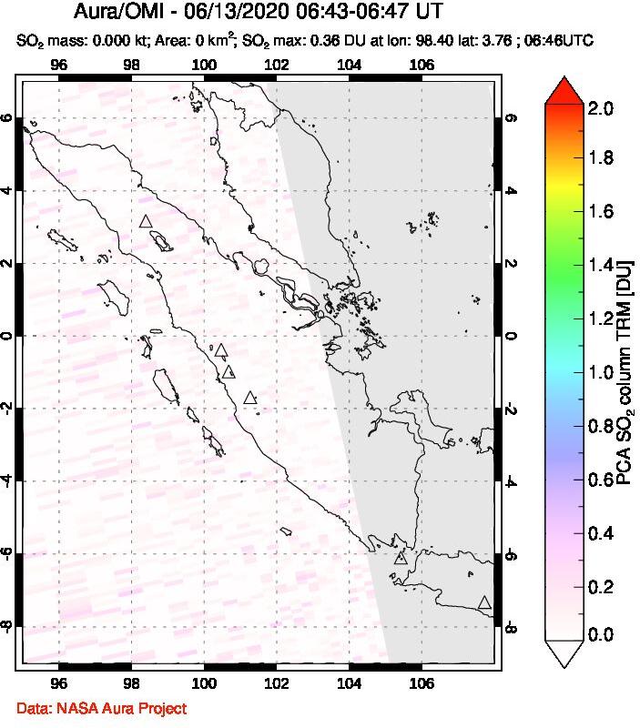 A sulfur dioxide image over Sumatra, Indonesia on Jun 13, 2020.