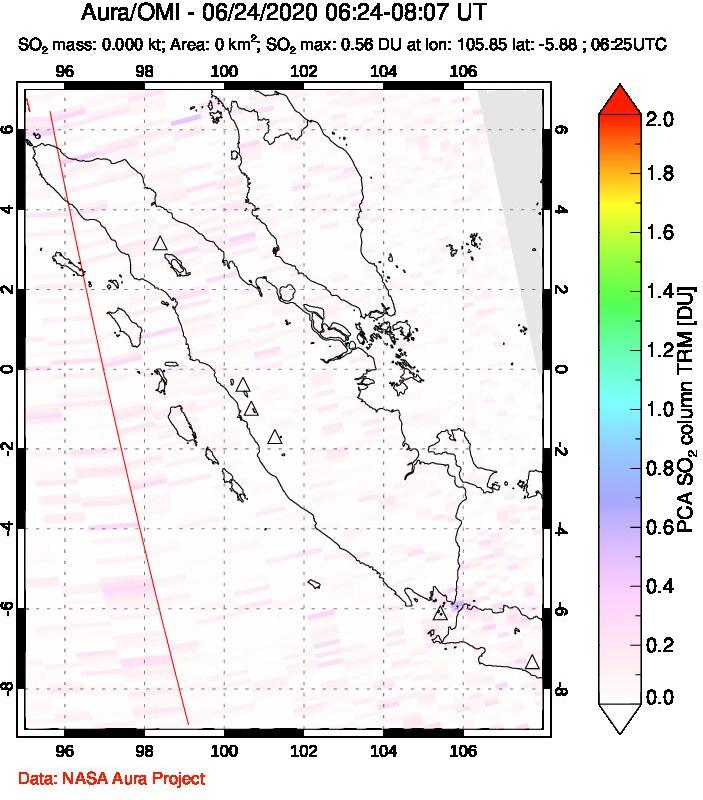 A sulfur dioxide image over Sumatra, Indonesia on Jun 24, 2020.