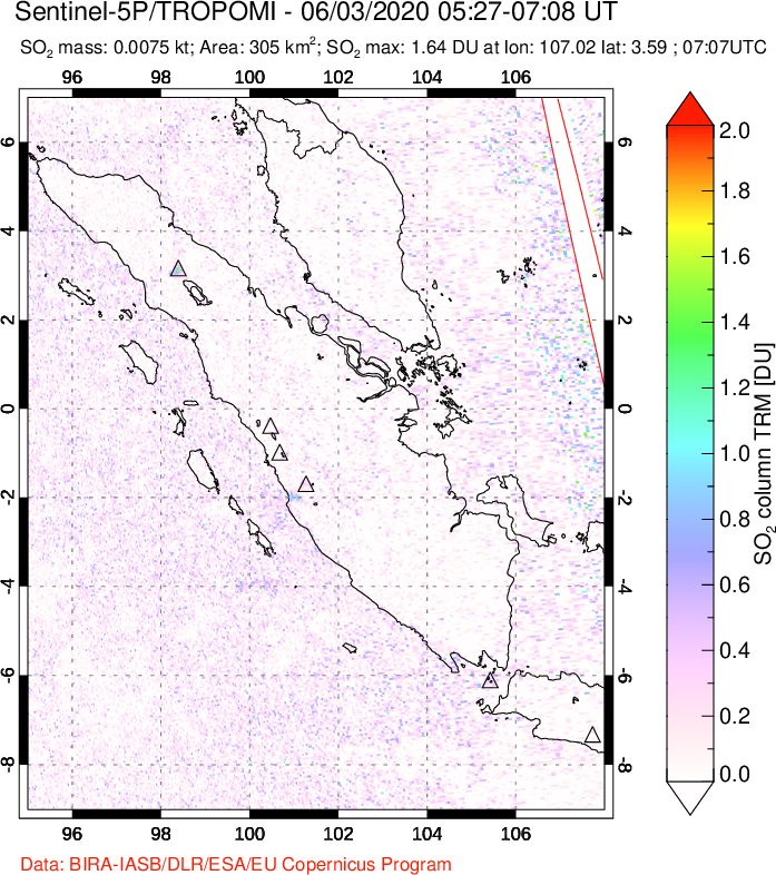 A sulfur dioxide image over Sumatra, Indonesia on Jun 03, 2020.