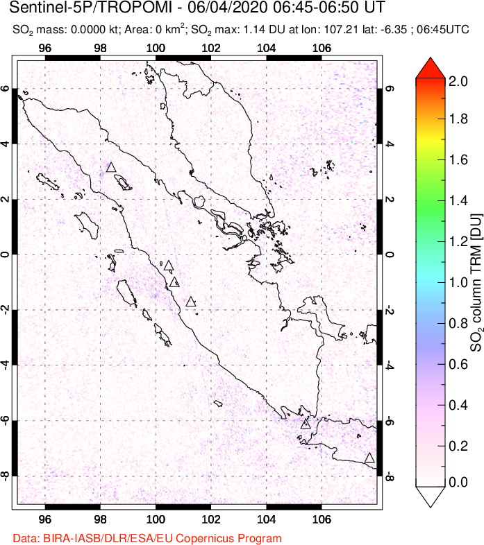 A sulfur dioxide image over Sumatra, Indonesia on Jun 04, 2020.
