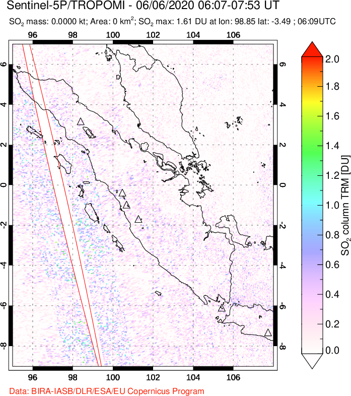 A sulfur dioxide image over Sumatra, Indonesia on Jun 06, 2020.