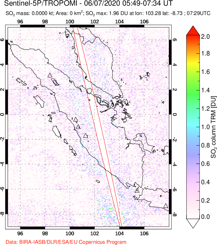 A sulfur dioxide image over Sumatra, Indonesia on Jun 07, 2020.