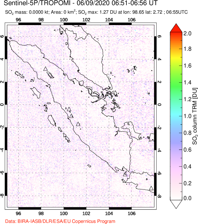 A sulfur dioxide image over Sumatra, Indonesia on Jun 09, 2020.