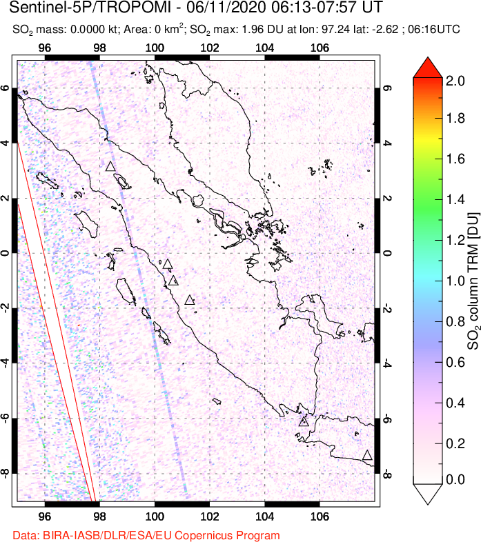 A sulfur dioxide image over Sumatra, Indonesia on Jun 11, 2020.