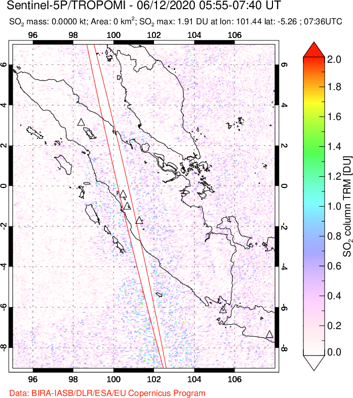 A sulfur dioxide image over Sumatra, Indonesia on Jun 12, 2020.