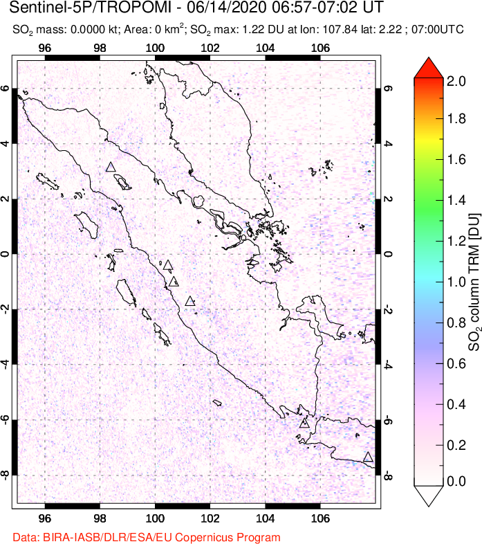 A sulfur dioxide image over Sumatra, Indonesia on Jun 14, 2020.