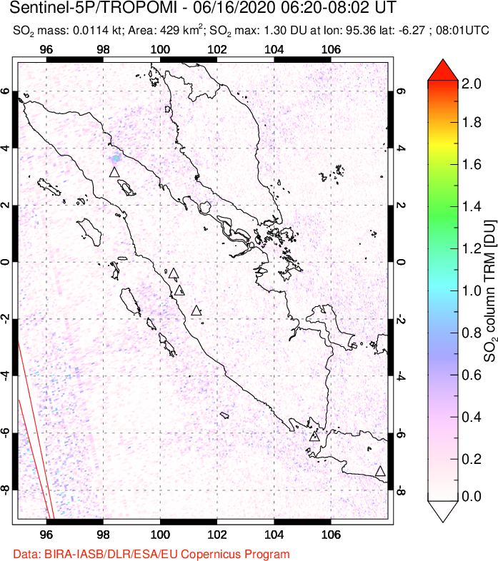 A sulfur dioxide image over Sumatra, Indonesia on Jun 16, 2020.