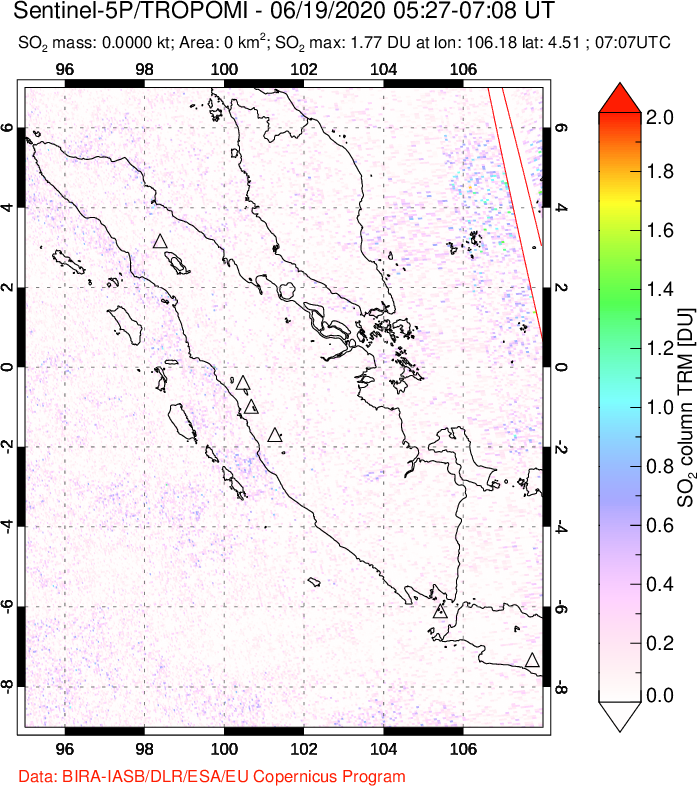 A sulfur dioxide image over Sumatra, Indonesia on Jun 19, 2020.
