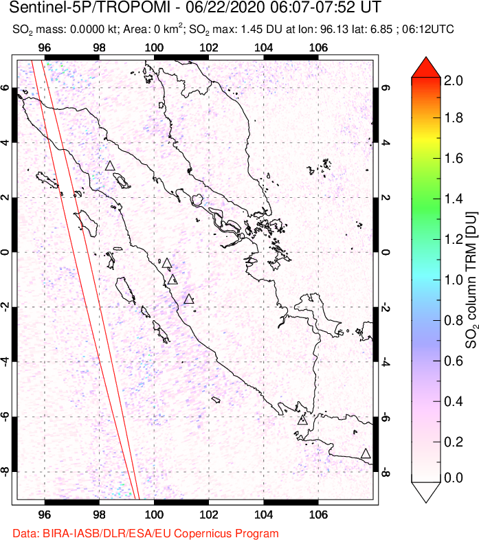 A sulfur dioxide image over Sumatra, Indonesia on Jun 22, 2020.