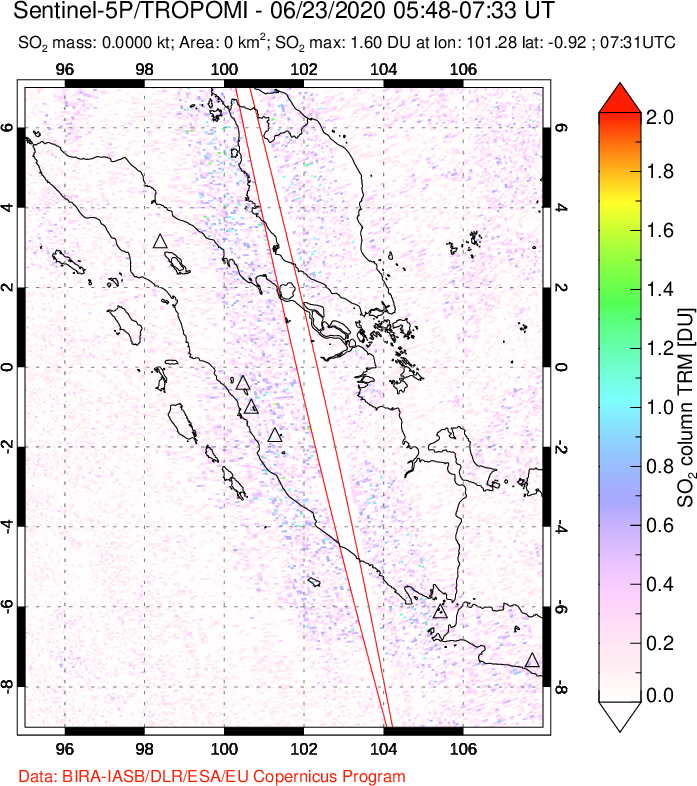 A sulfur dioxide image over Sumatra, Indonesia on Jun 23, 2020.