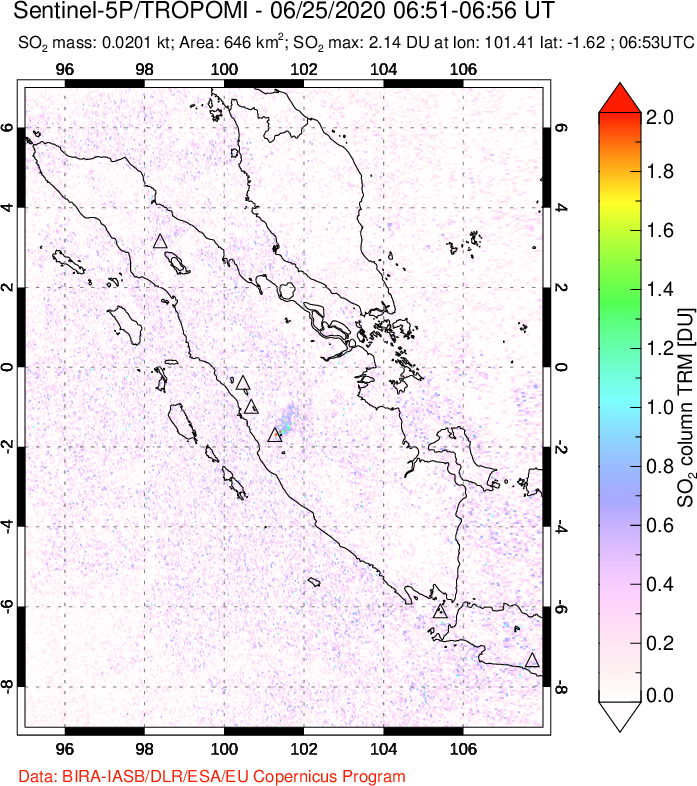 A sulfur dioxide image over Sumatra, Indonesia on Jun 25, 2020.
