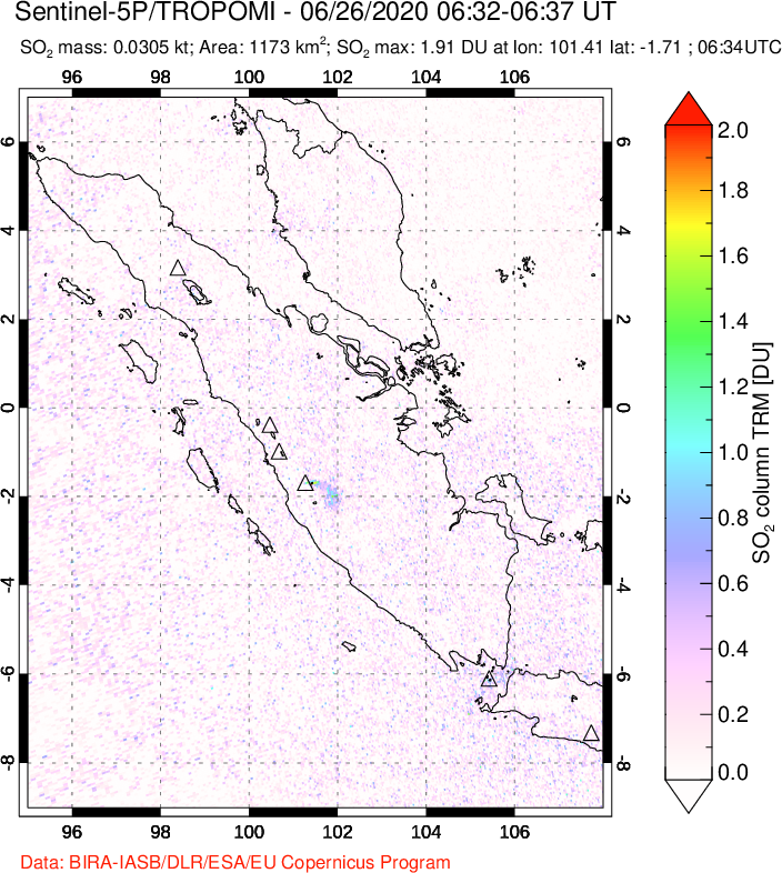 A sulfur dioxide image over Sumatra, Indonesia on Jun 26, 2020.