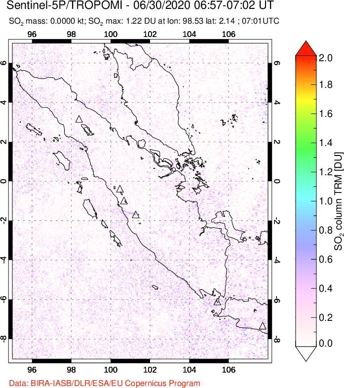 A sulfur dioxide image over Sumatra, Indonesia on Jun 30, 2020.