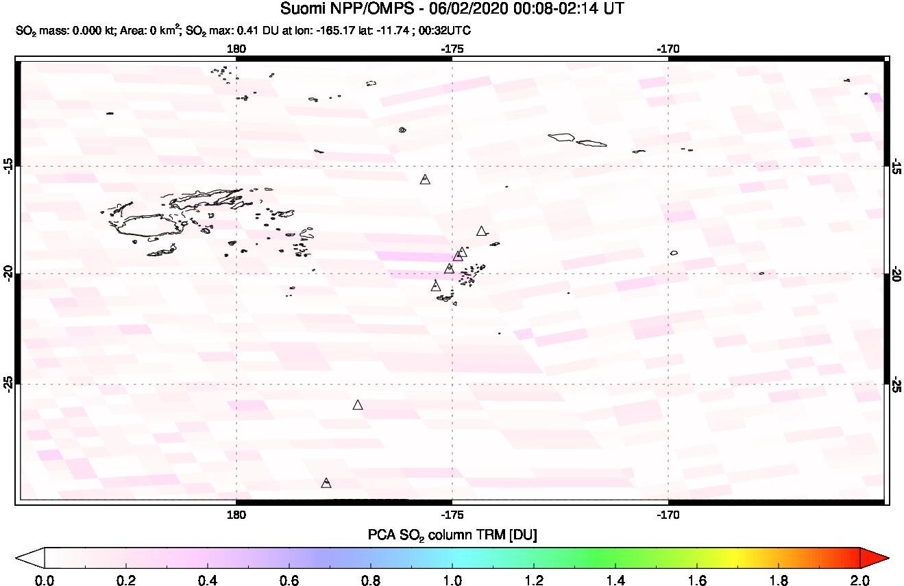 A sulfur dioxide image over Tonga, South Pacific on Jun 02, 2020.