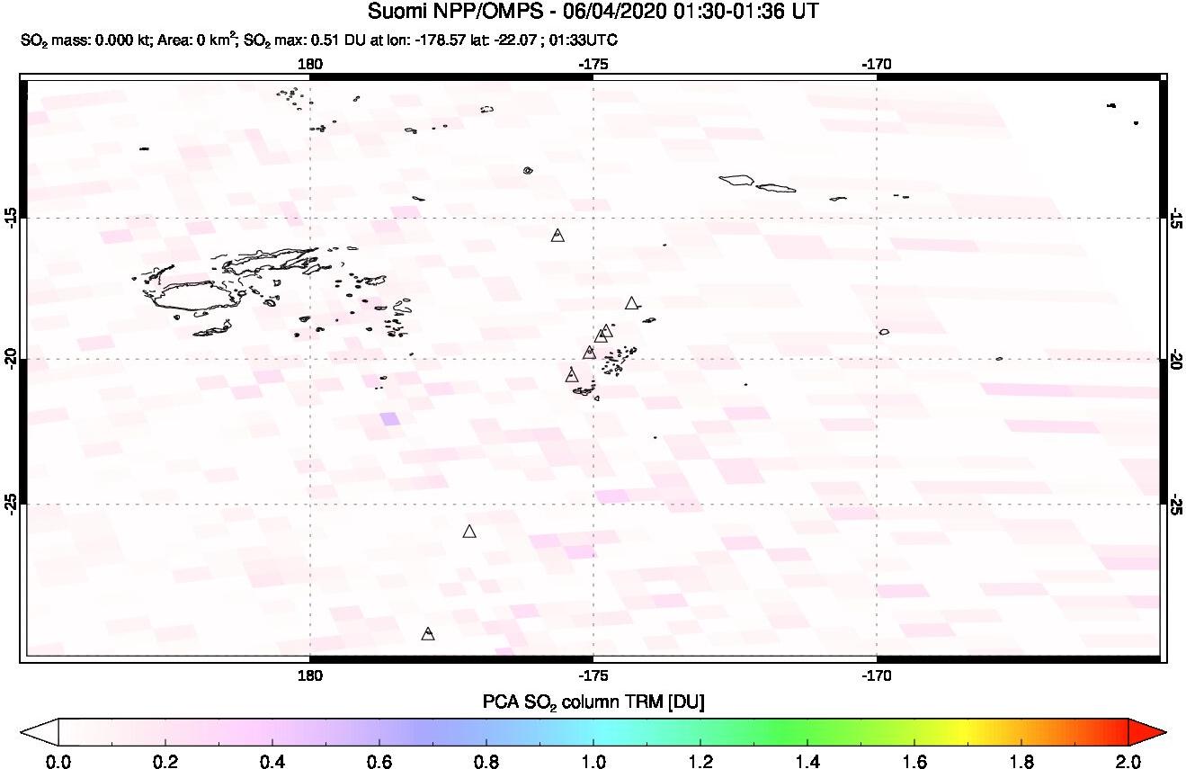 A sulfur dioxide image over Tonga, South Pacific on Jun 04, 2020.