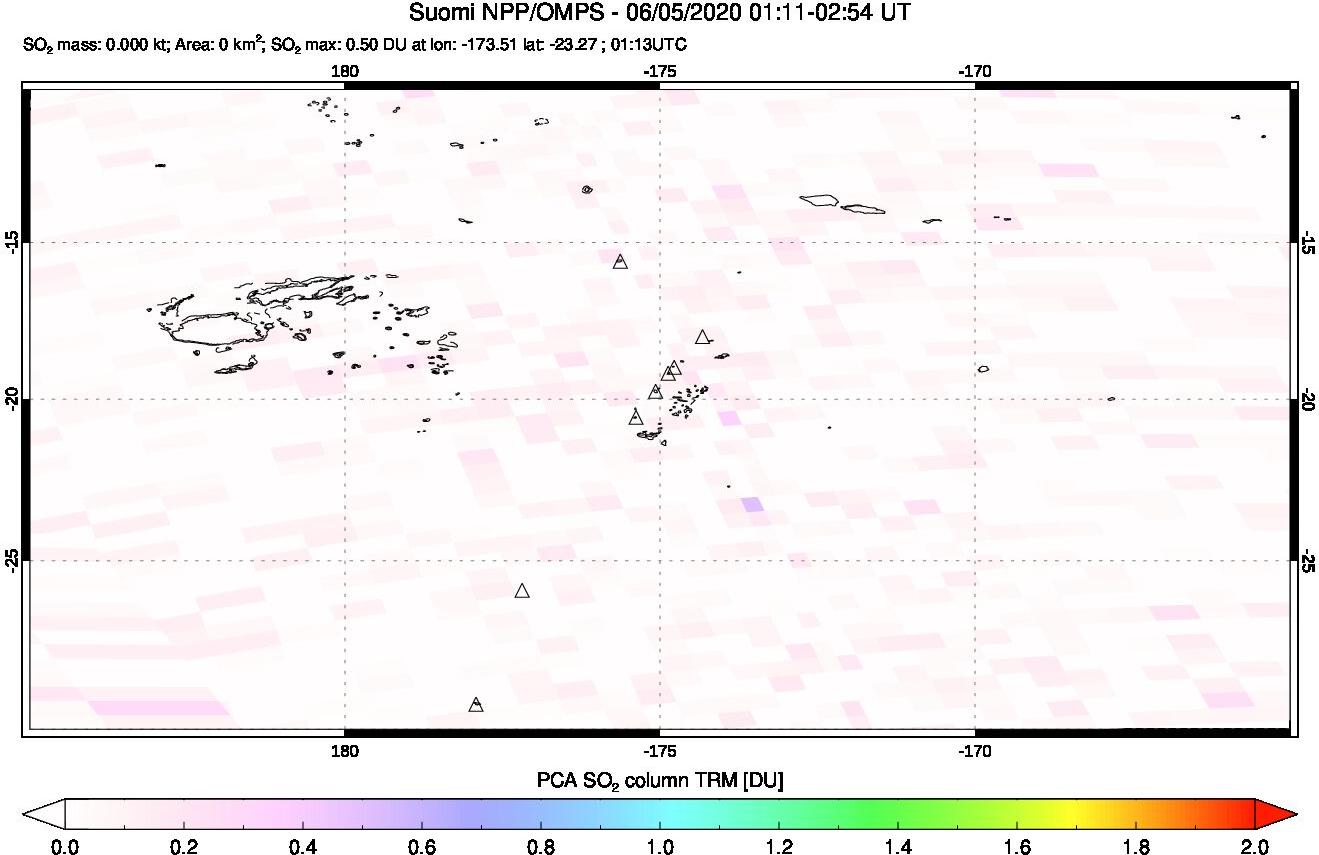 A sulfur dioxide image over Tonga, South Pacific on Jun 05, 2020.
