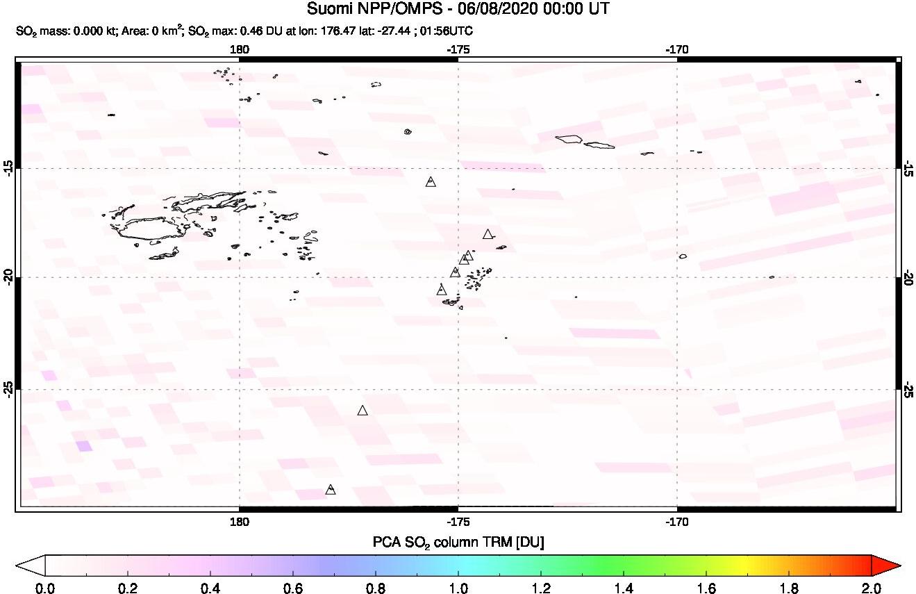 A sulfur dioxide image over Tonga, South Pacific on Jun 08, 2020.