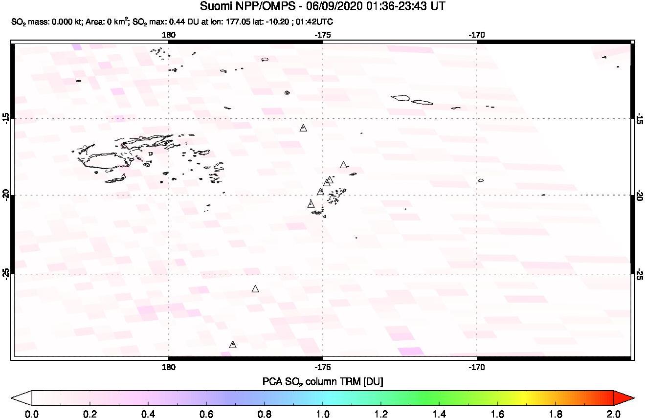 A sulfur dioxide image over Tonga, South Pacific on Jun 09, 2020.