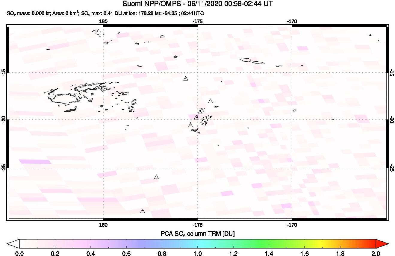 A sulfur dioxide image over Tonga, South Pacific on Jun 11, 2020.