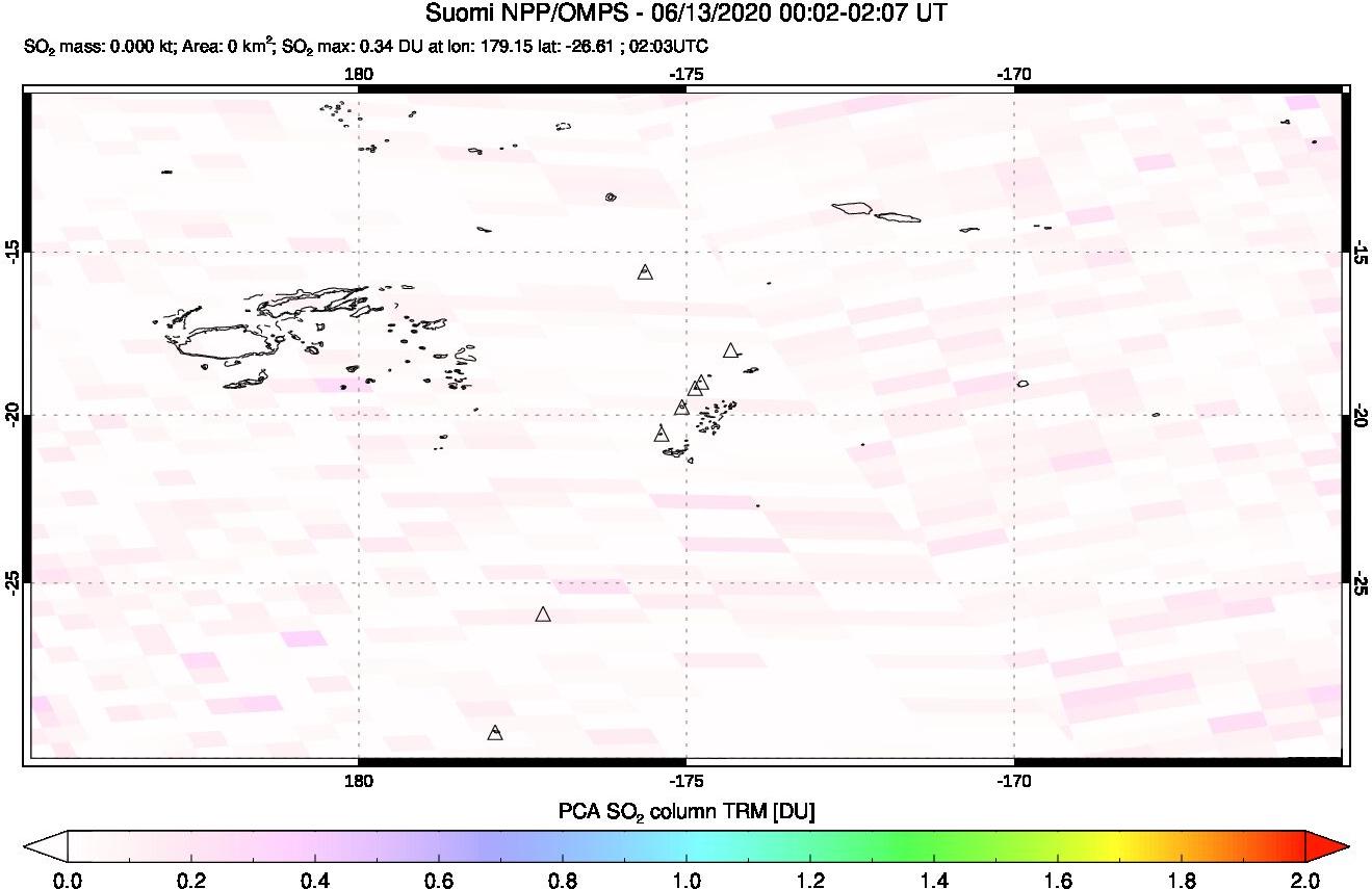 A sulfur dioxide image over Tonga, South Pacific on Jun 13, 2020.