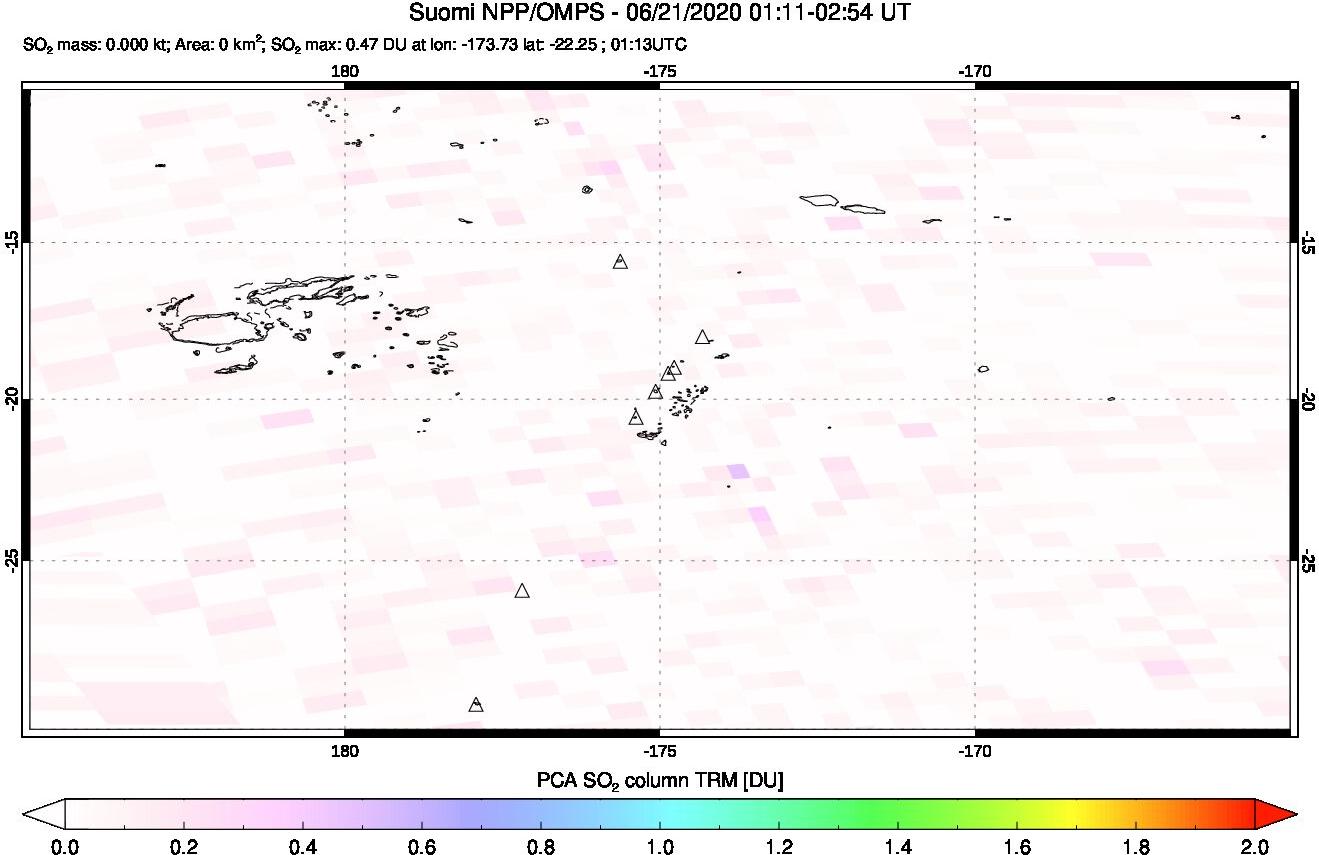 A sulfur dioxide image over Tonga, South Pacific on Jun 21, 2020.