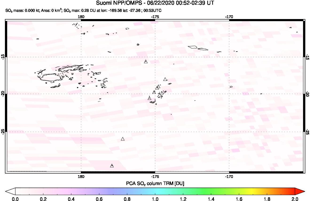 A sulfur dioxide image over Tonga, South Pacific on Jun 22, 2020.