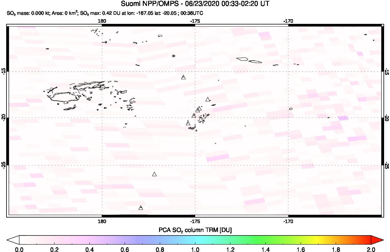 A sulfur dioxide image over Tonga, South Pacific on Jun 23, 2020.