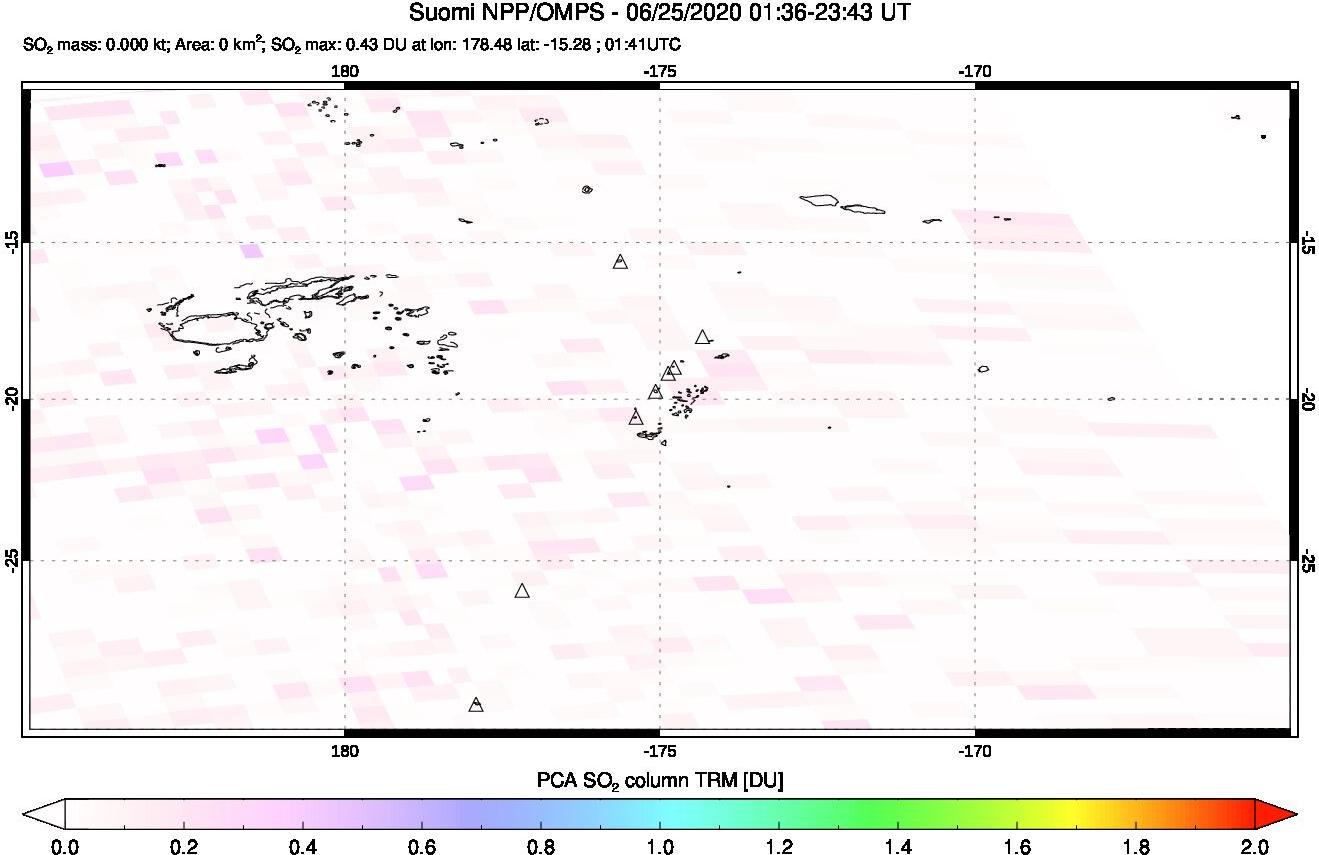 A sulfur dioxide image over Tonga, South Pacific on Jun 25, 2020.