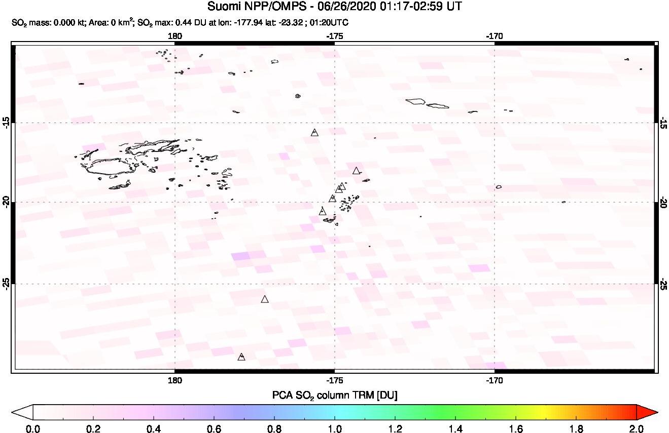 A sulfur dioxide image over Tonga, South Pacific on Jun 26, 2020.