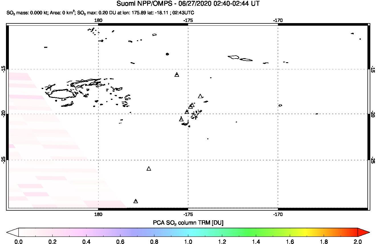 A sulfur dioxide image over Tonga, South Pacific on Jun 27, 2020.