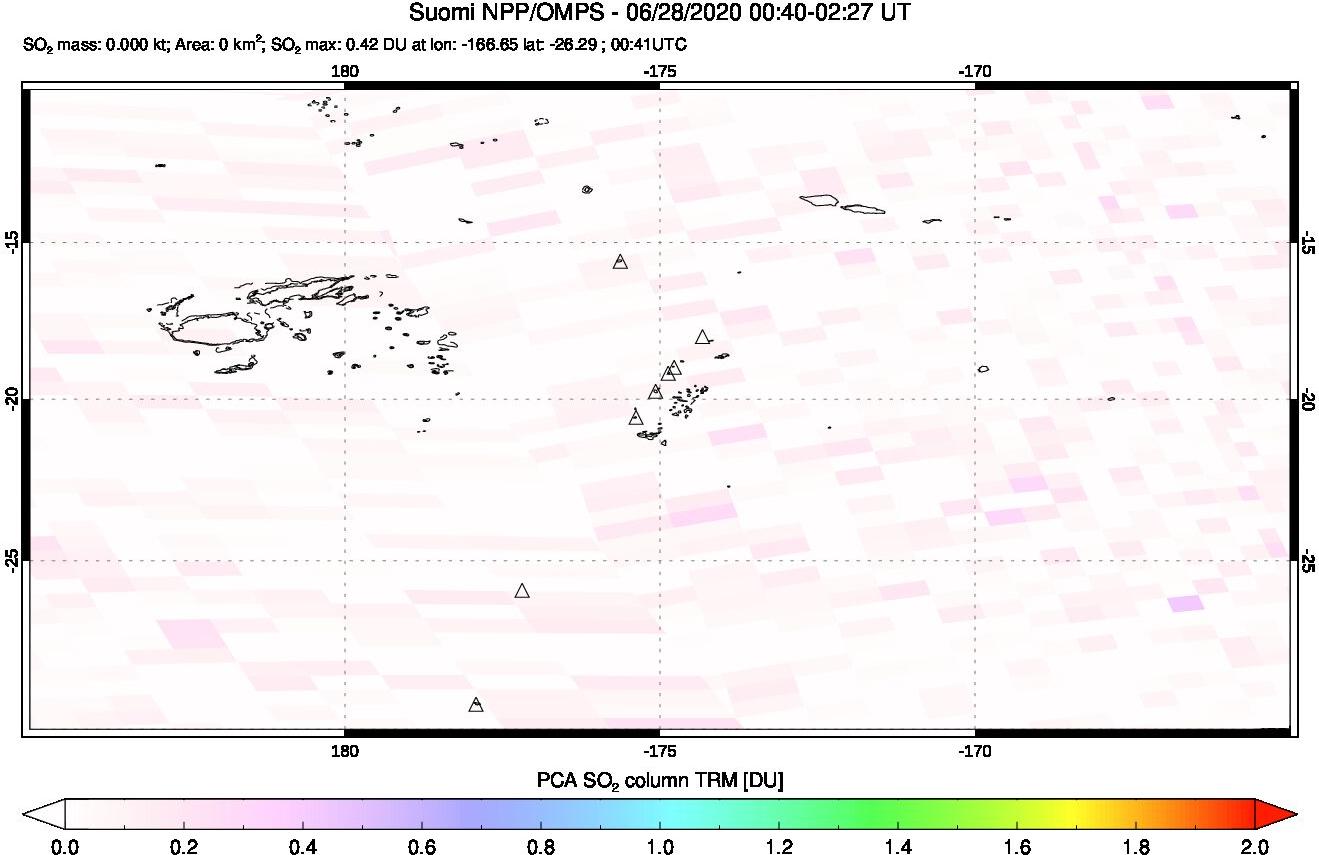 A sulfur dioxide image over Tonga, South Pacific on Jun 28, 2020.