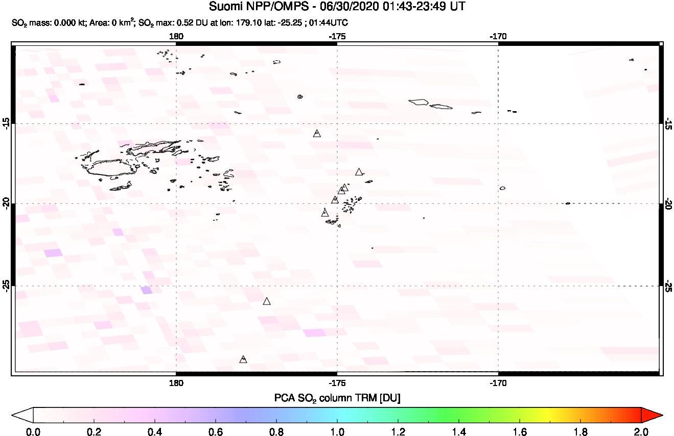 A sulfur dioxide image over Tonga, South Pacific on Jun 30, 2020.