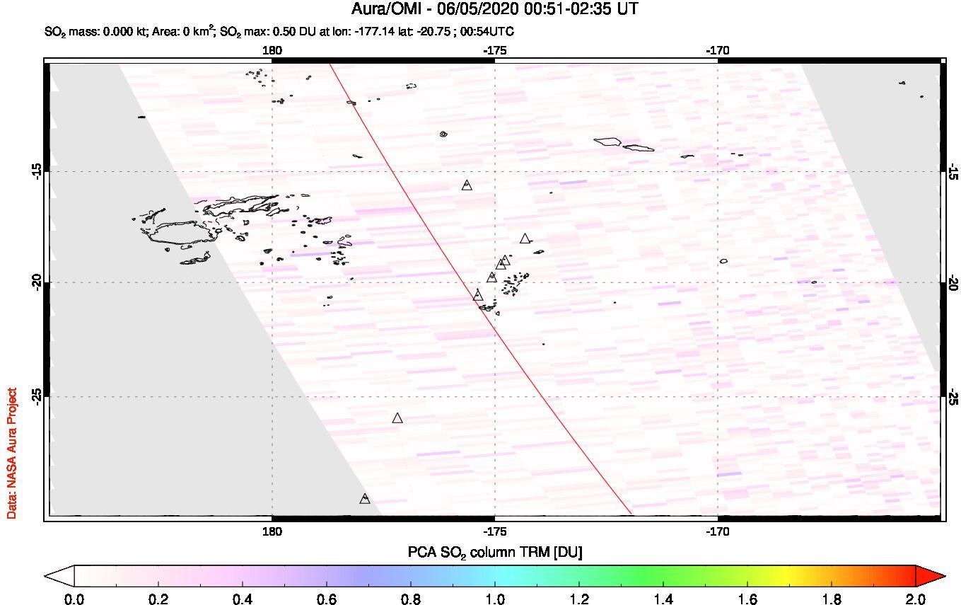 A sulfur dioxide image over Tonga, South Pacific on Jun 05, 2020.