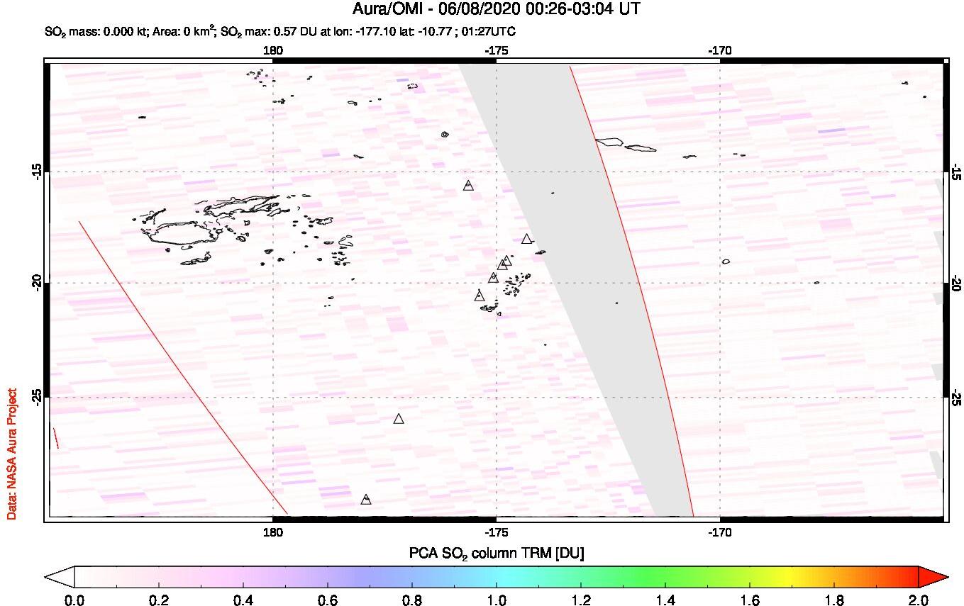 A sulfur dioxide image over Tonga, South Pacific on Jun 08, 2020.