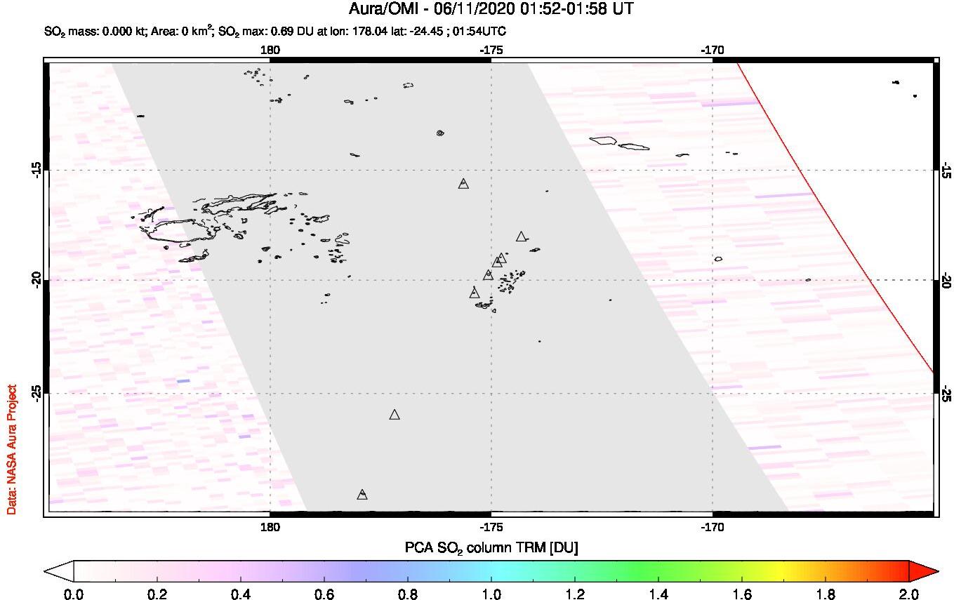A sulfur dioxide image over Tonga, South Pacific on Jun 11, 2020.