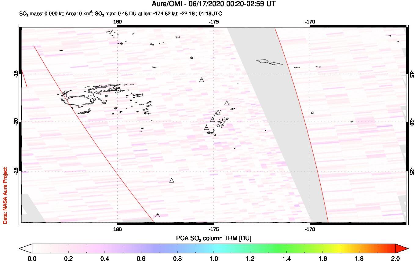 A sulfur dioxide image over Tonga, South Pacific on Jun 17, 2020.