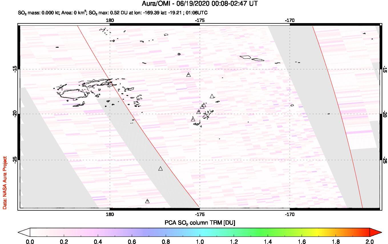 A sulfur dioxide image over Tonga, South Pacific on Jun 19, 2020.