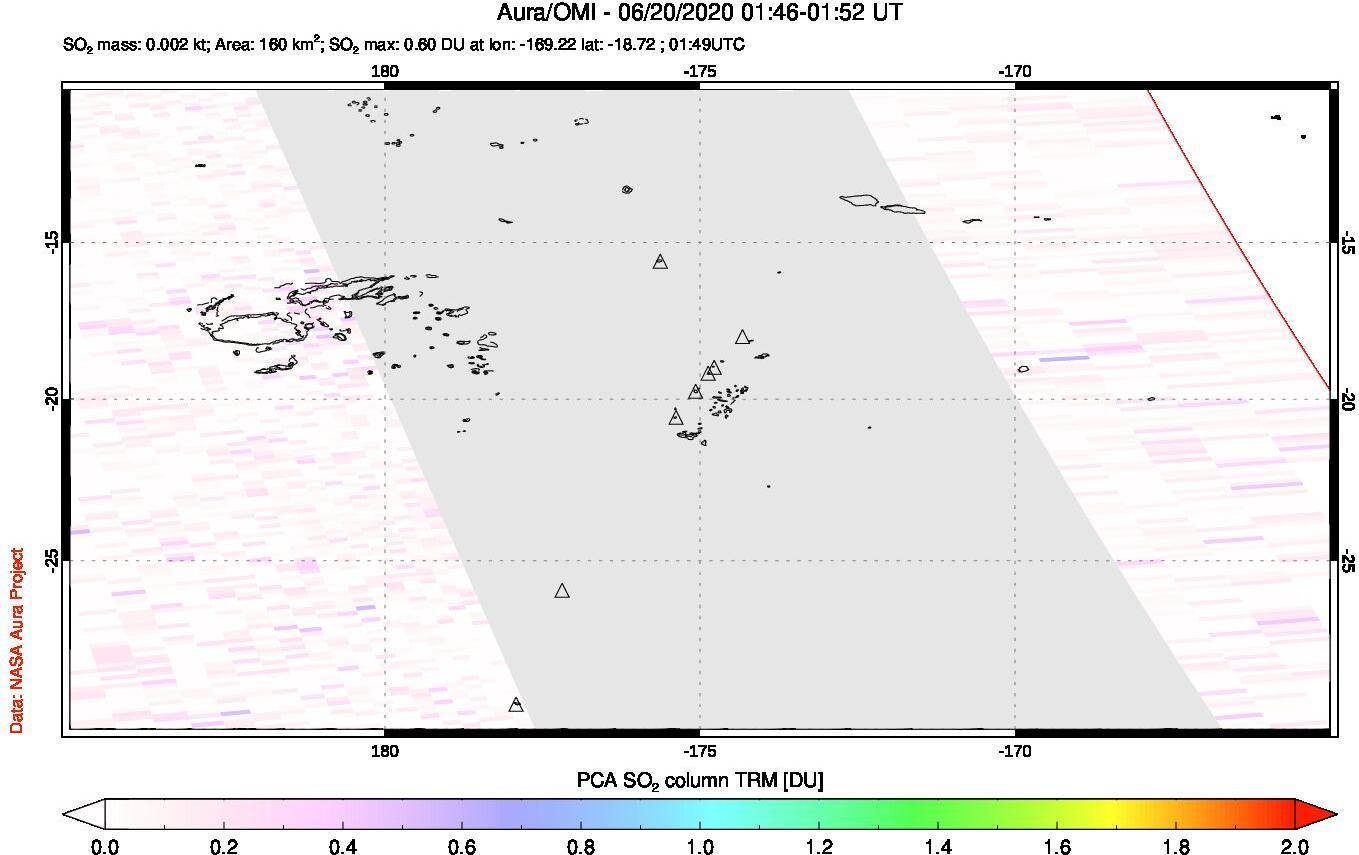 A sulfur dioxide image over Tonga, South Pacific on Jun 20, 2020.